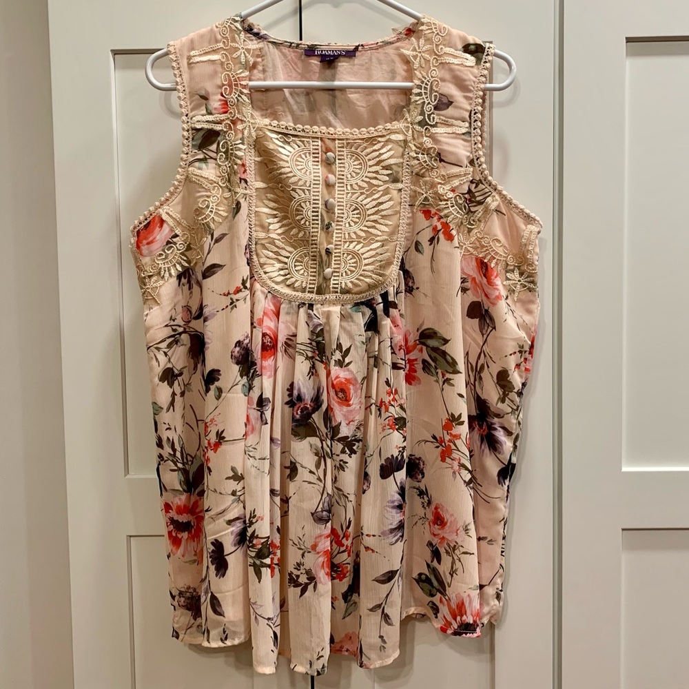 Roamans 16W Pink Angel Chiffon Blouse EUC Floral Sleeveless Lace Embroidered - Picture 3 of 13